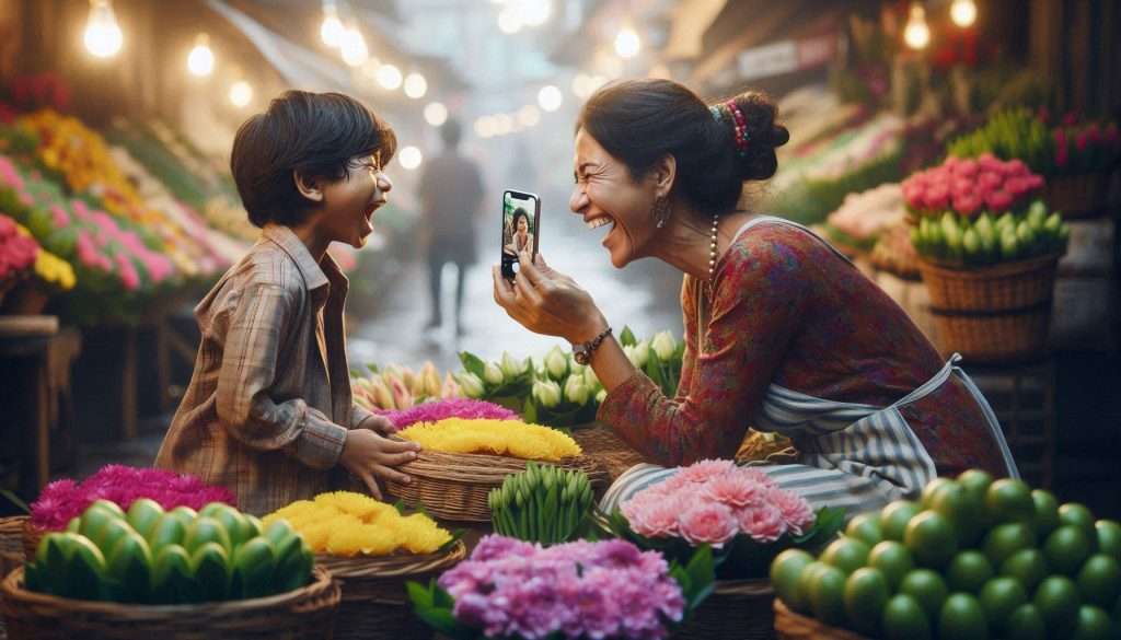 mother joyfully presenting her son with an iPhone
