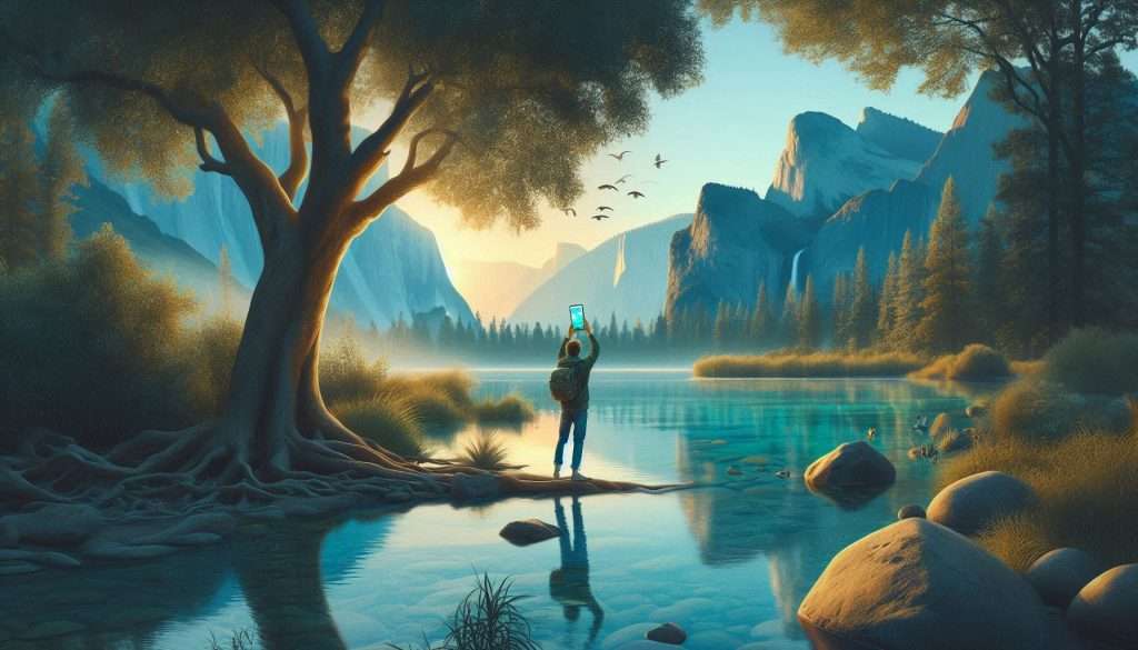 A serene landscape with a person enjoying nature without a smartphone, emphasizing the importance of real experiences over material possessions.