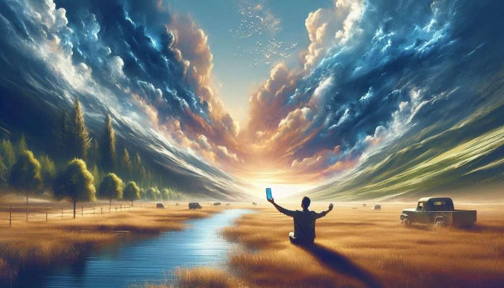 A serene landscape with a person enjoying nature without a smartphone, emphasizing the importance of real experiences over material possessions.