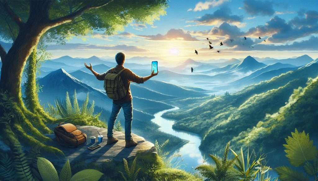 A serene landscape with a person enjoying nature without a smartphone, emphasizing the importance of real experiences over material possessions.