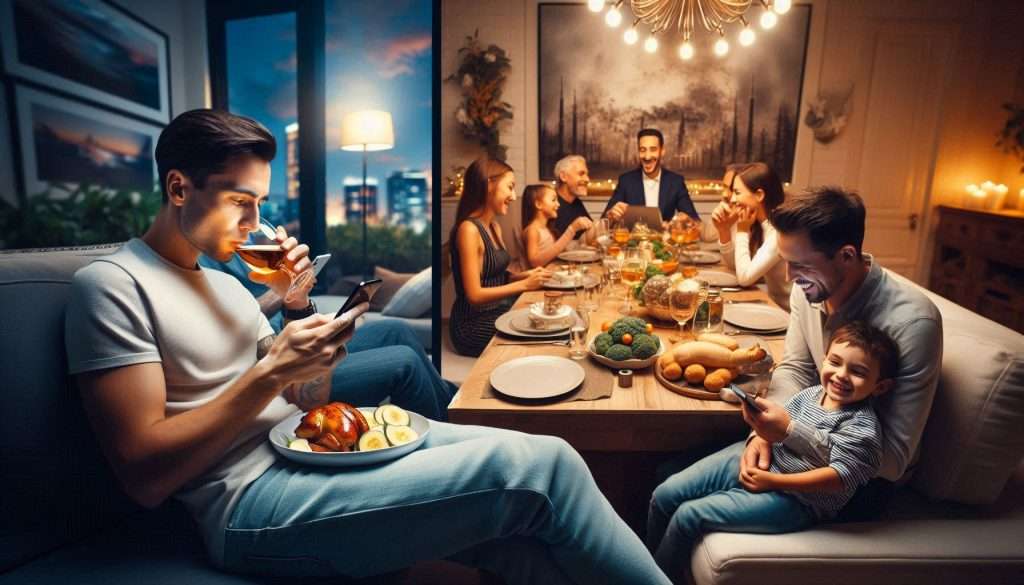 A split image showing a luxurious setting with people using iPhones on one side and a warm family gathering without high-end gadgets on the other side, highlighting the contrast between materialism and genuine happiness.