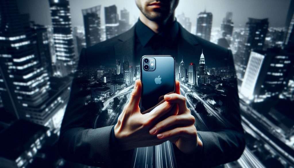 A modern, stylish person holding the latest iPhone with a backdrop of city life, symbolizing status and lifestyle, with a subtle reflection of societal pressure
