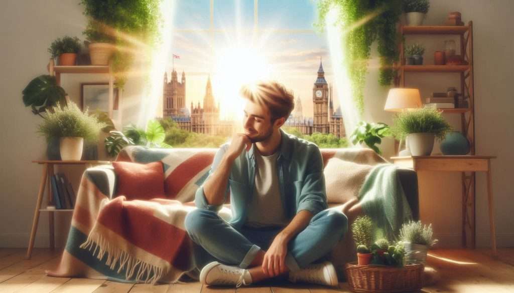 A vibrant, welcoming image of a young man in a cozy London setting, reflecting on his journey with hair loss. He is surrounded by lush greenery and soft sunlight, symbolizing hope and renewal.