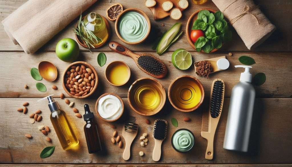 An aesthetically pleasing flat lay of hair care products on a wooden bathroom counter. Include natural oils, hair masks, and a small bowl of fresh vegetables, emphasizing healthy hair care routines.