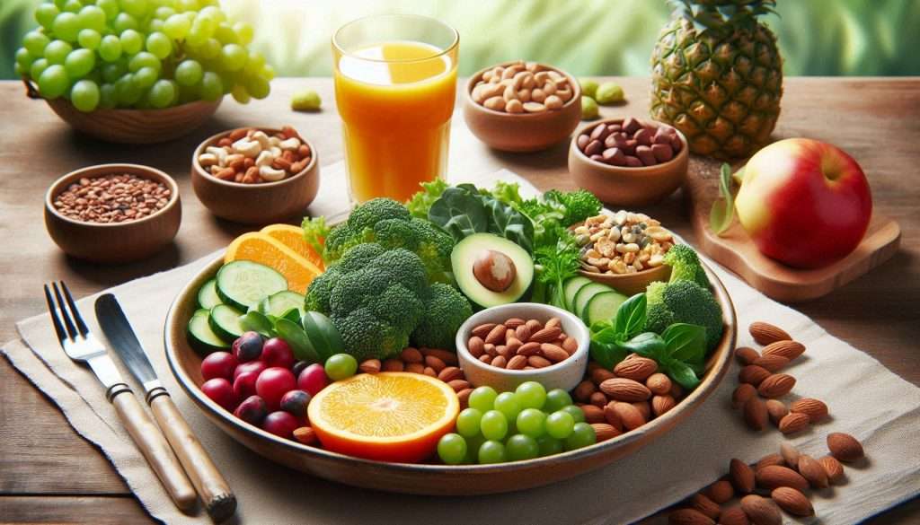 A colorful plate filled with various green vegetables, fruits, and nuts on a dining table. Include a glass of fresh juice, highlighting a healthy diet that supports hair growth