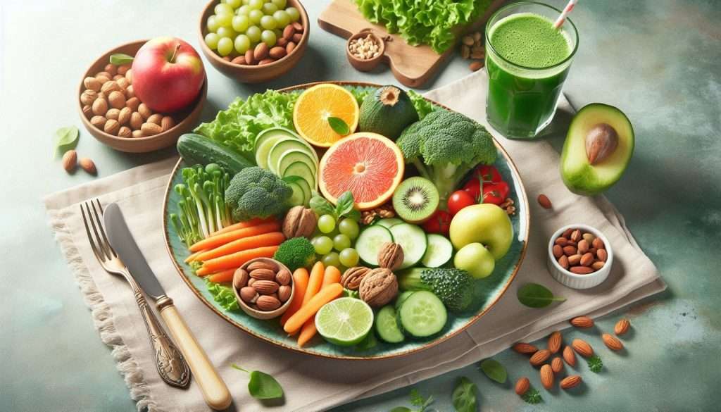 A colorful plate filled with various green vegetables, fruits, and nuts on a dining table. Include a glass of fresh juice, highlighting a healthy diet that supports hair growth