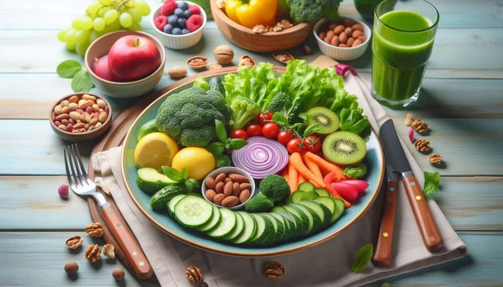 A colorful plate filled with various green vegetables, fruits, and nuts on a dining table. Include a glass of fresh juice, highlighting a healthy diet that supports hair growth