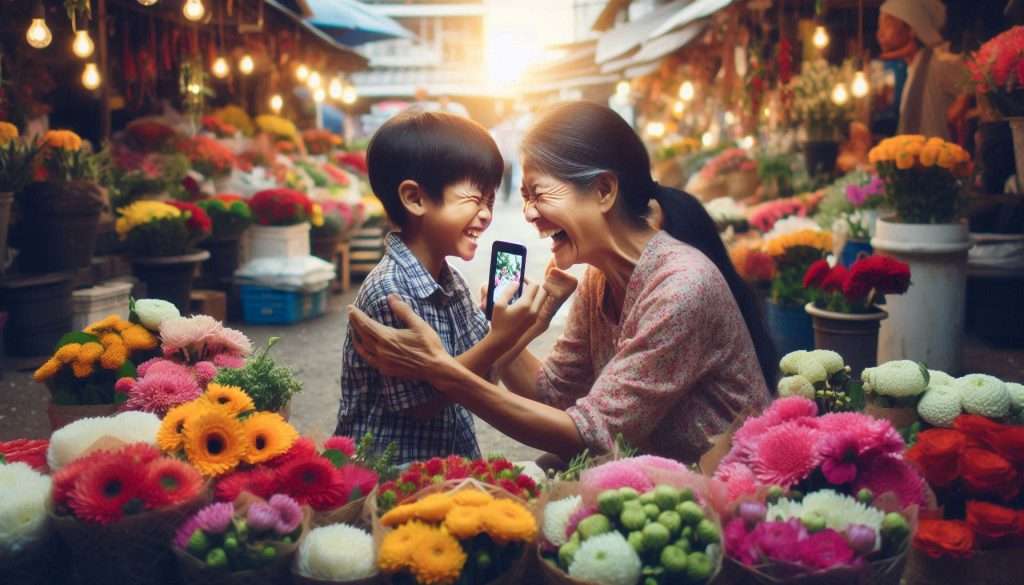 mother joyfully presenting her son with an iPhone