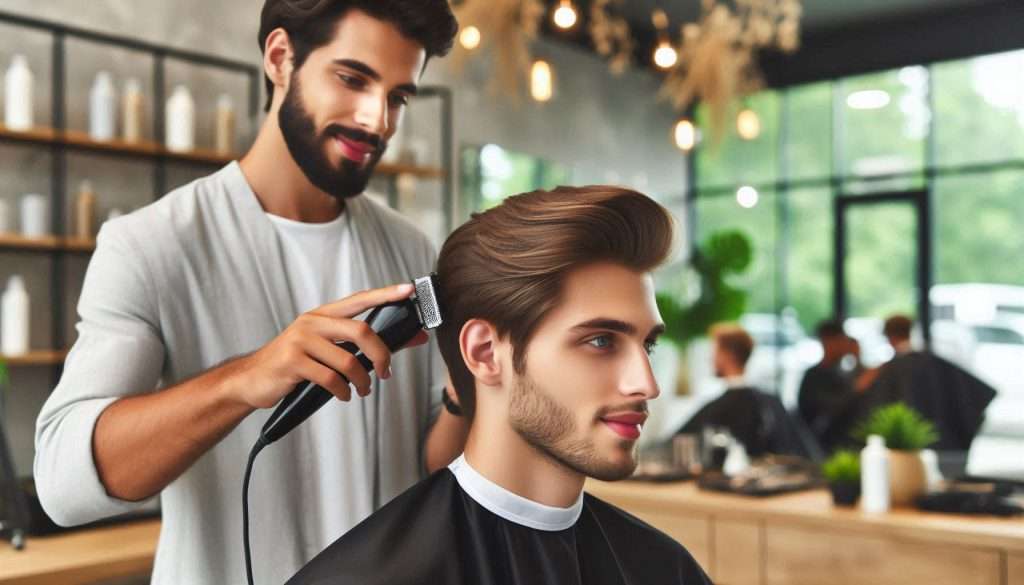 An engaging image of a hairstylist giving a fresh haircut to a young man in a modern salon. The stylist is focused, and the environment is bright and welcoming, illustrating the importance of regular haircuts.