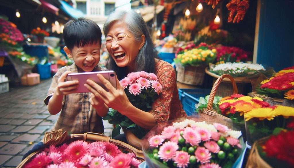mother joyfully presenting her son with an iPhone