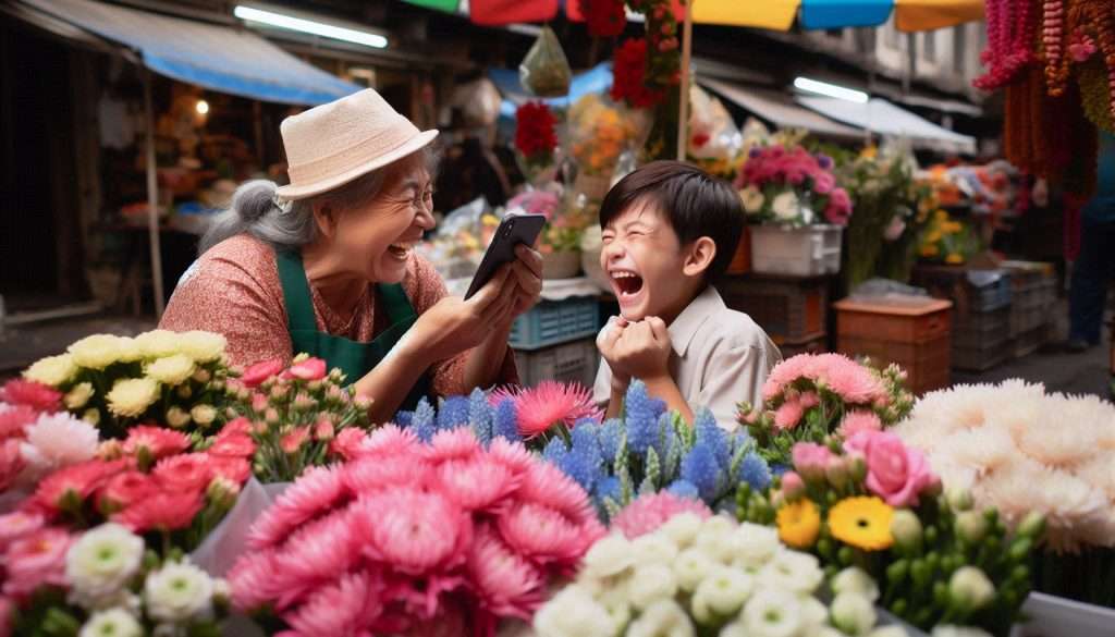 mother joyfully presenting her son with an iPhone