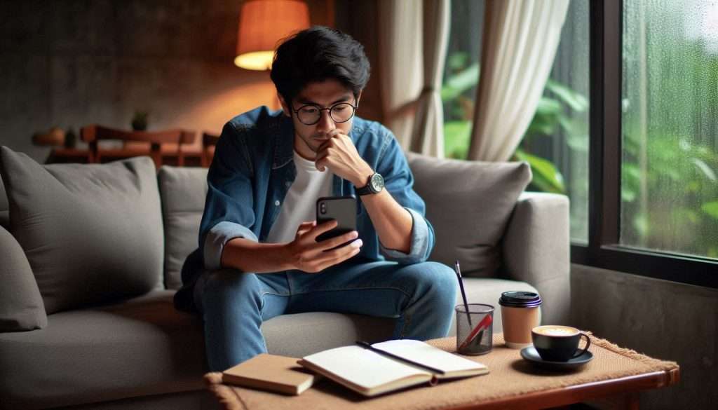 An individual sitting in a cozy room, contemplating while looking at a smartphone, with a notebook and coffee on the table, illustrating self-reflection on technology and lifestyle choices.