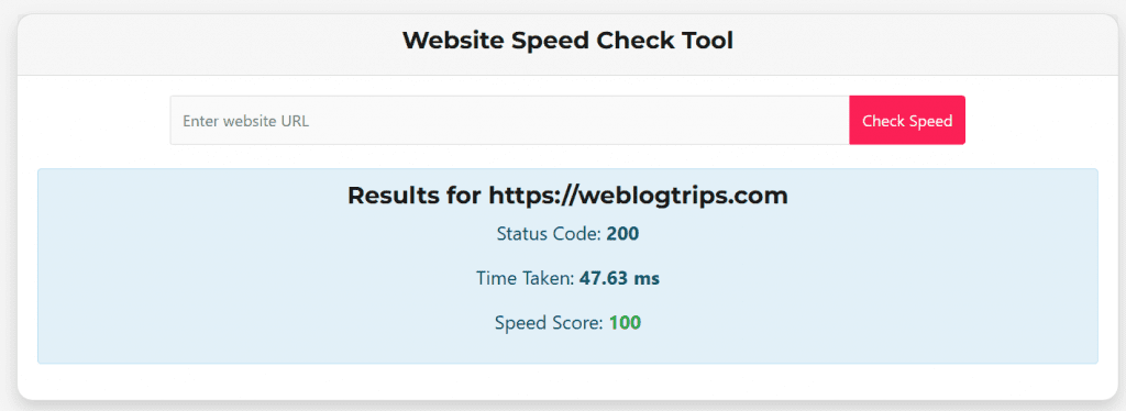 Weblogtrips Speed Test Tool results