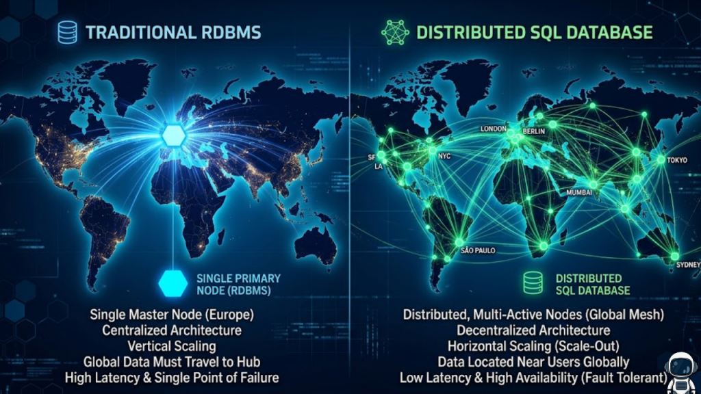 Image showing a global map of database nodes Traditional RDBMS (One big dot) vs. Distributed SQL (A mesh of connected nodes across continents)